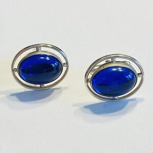 Vintage Anson Cufflinks Silvertone & Blue Jelly Belly Polished Stone Centers